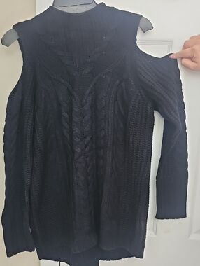 Marled Black Off-Shoulder Cable Knit Sweater